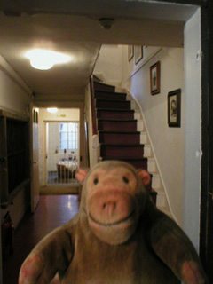 Mr Monkey looking upstairs from Charles Dickens' basement