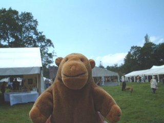 Mr Monkey in front of some marquees