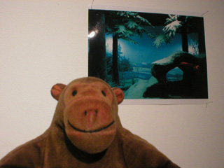 Mr Monkey looking at a still from a video by Ma Yong Feng