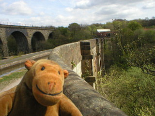 Mr Monkey looking at Marple Aqueduct and Marple Viaduct