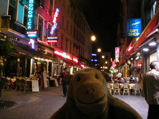 Mr Monkey looking down the Rue Grétry