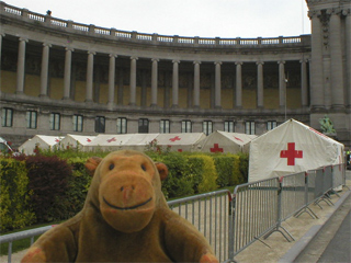 Mr Monkey looking at Red Cross tents