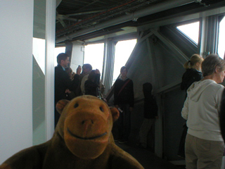 Mr Monkey inside the upper sphere of the Atomium