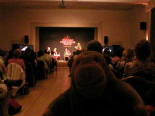 Mr Monkey watching Stella Duffy in the Foul Play playlet