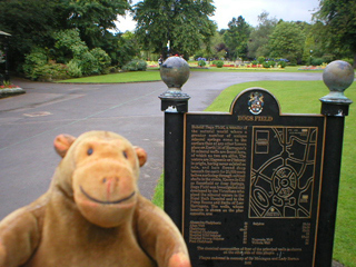 Mr Monkey examining the Bogs Field plaque