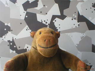 Mr Monkey in front of DPMHI Splinter pattern camouflage