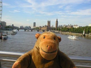 Mr Monkey looking up the Thames from the Hungerford footbridge