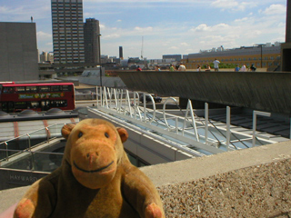 Mr Monkey looking from one sculpture terrace to another