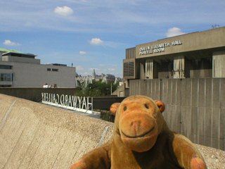 Mr Monkey looking across the Hayward sculpture terraces