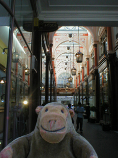 Mr Monkey looking into the Royal Arcade