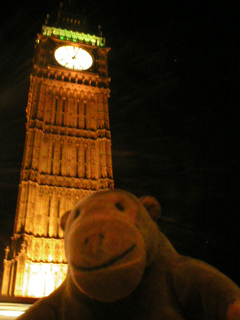 Mr Monkey looking at Saint Stephen's Tower at night