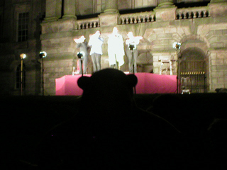 Mr Monkey watching the cast take their curtain call