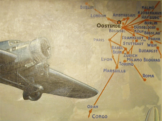 1930s air routes to Ostende shown on a poster in the hotel lobby