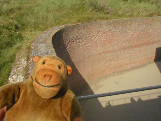 Mr Monkey looking down into the outer ditch from the cafe