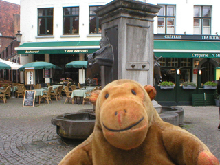 Mr Monkey looking at a water fountain for horses