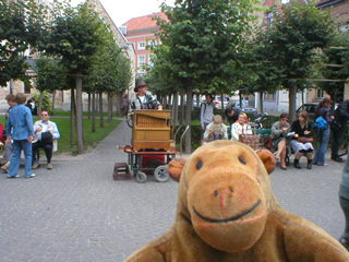 Mr Monkey watching a street organ outside Sint Janshospitaal