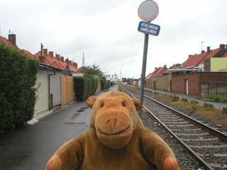 Mr Monkey crossing a railway line in Zeebrugge
