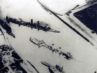 A aerial photograph of the ships scuttled in the channel