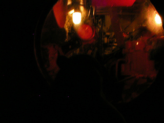 Mr Monkey looking through the inspection window at the diesel engines