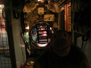Mr Monkey looking at the hatch into the forward torpedo room