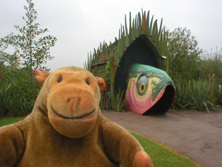 Mr Monkey looking at a giant fish head in a fence