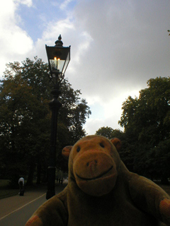 Mr Monkey looking at a gas lamp in Hyde Park