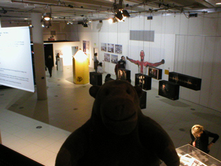 Mr Monkey looking at the D&AD exhibition from the stairs to the next level