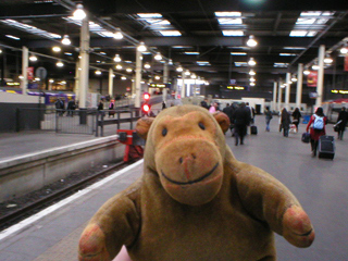 Mr Monkey on the platform at Euston