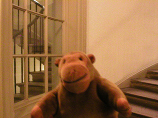 Mr Monkey looking at the side stairs from the main stairs