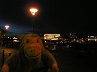 Mr Monkey looking along the Thames at night