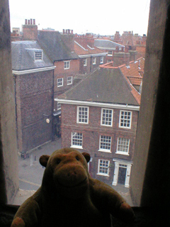 Mr Monkey looking out of a window on the spiral staircase