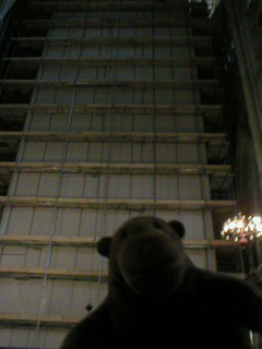 Mr Monkey looking at the covered East window of York Minster