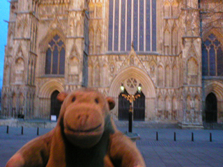 Mr Monkey looking at the west doors of York Minster