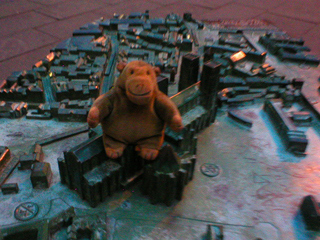 Mr Monkey sitting on a model of York Minster