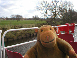 Mr Monkey looking across fields to York Minster