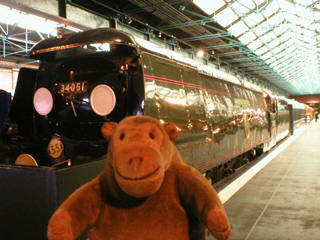 Mr Monkey looking at the Winston Churchill Battle of Britain class locomotive