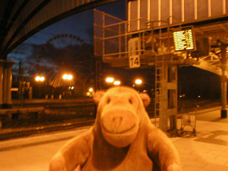 Mr Monkey looking at the Yorkshire Wheel from York station