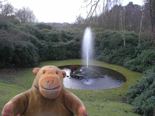 Mr Monkey looking at a fountain beside the path