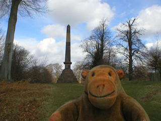 Mr Monkey looking at the Langham Grove obelisk