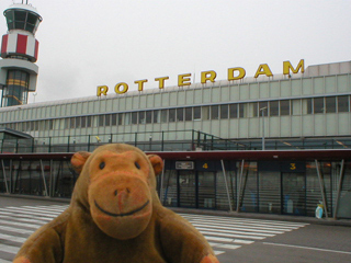 Mr Monkey outside the terminal building at Rotterdam