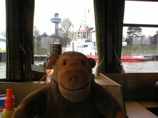 Mr Monkey looking at tugboats and the Euromast