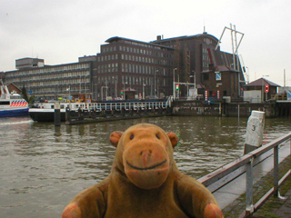 Mr Monkey watching a cargo ship go under a raised road bridge