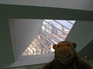Mr Monkey looking out of a skylight at Urbis