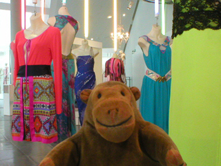 Mr Monkey with a collection of dresses hanging from the ceiling