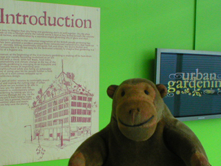 Mr Monkey reading the introduction notice outside the exhibition