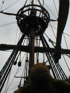 Mr Monkey looking up at the main mast from the half deck