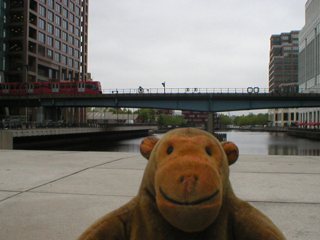 Mr Monkey watching a DLR train cross a dock