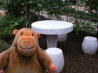 Mr Monkey looking at a stone table and seats