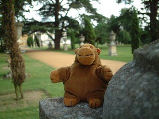 Mr Monkey on a plinth next to an urn