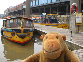 Mr Monkey looking at a ferry tied up at the City Centre